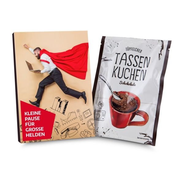 Geschenkartikel / Präsentartikel: Tassenkuchen Schokolade 70 g, Pause für große Bürohelden