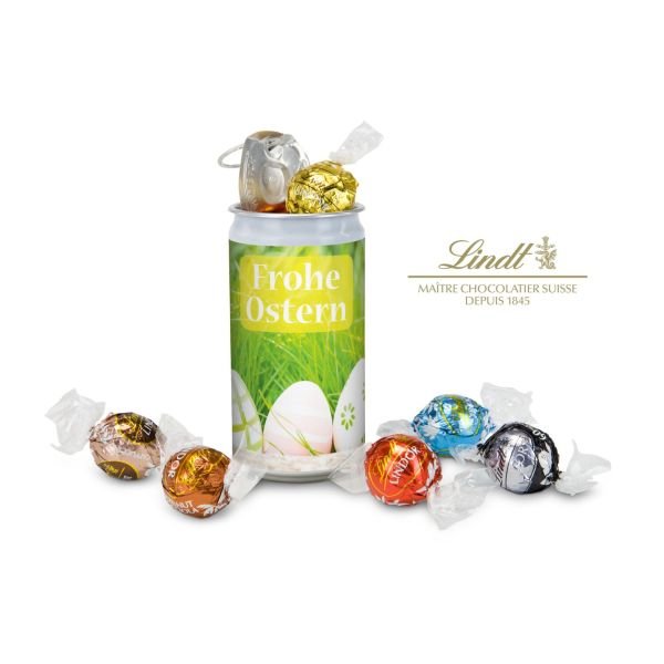 Geschenkartikel / Präsentartikel: Lindt-Geheimnis Ostern, das Nest in der Dose - Etikett Frohe Ostern - EierWiese