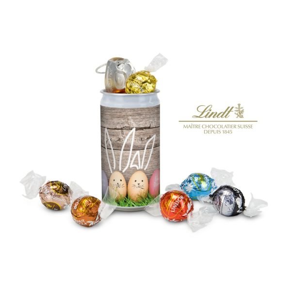 Geschenkartikel / Präsentartikel: Lindt-Geheimnis Ostern, das Nest in der Dose - Etikett Frohe Ostern - EierHasen