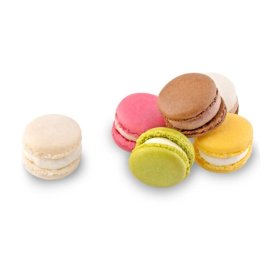 Geschenkartikel / Präsentartikel: Macaron-Stange mit Schleifen - sechs bunte Macarons (60 g)