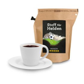 Geschenkartikel / Präsentartikel: WM-Kaffee Stoff für Helden, wiederverwendbarer Brühbeutel mit Fairtrade Kaffee aus Honduras