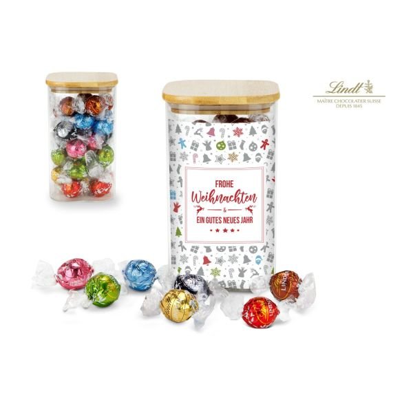 Geschenkset / Präsenteset: Lindor Team-Glas Frohe Weihnachten mit 35 Lindt Lindorkugeln