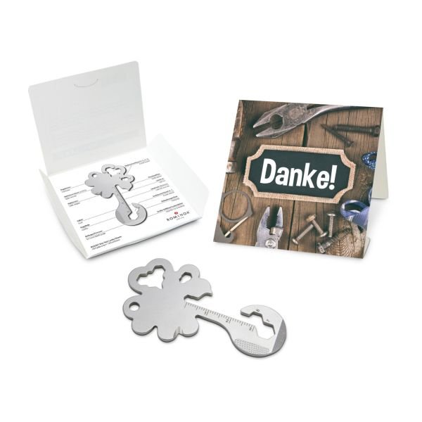 Geschenkartikel: ROMINOX® Key Tool Lucky Charm / Kleeblatt Glücksbringer (19 Funktionen) im Motiv-Mäppchen Danke