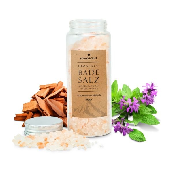 Himalaya-Badesalz 190 g, Patchouli-Sandelholz - auch mit individuellem Etikett